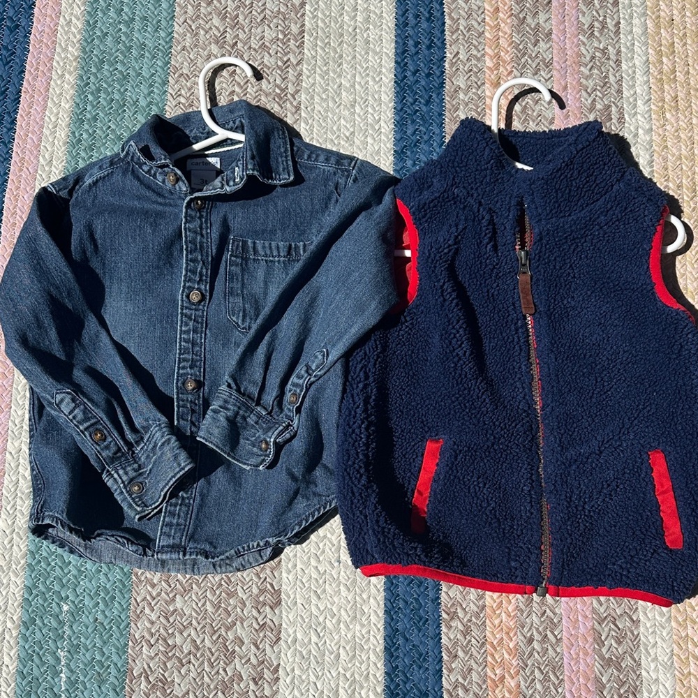 3T Bundle - Denim Button-Up Shirt & Navy Sherpa Vest